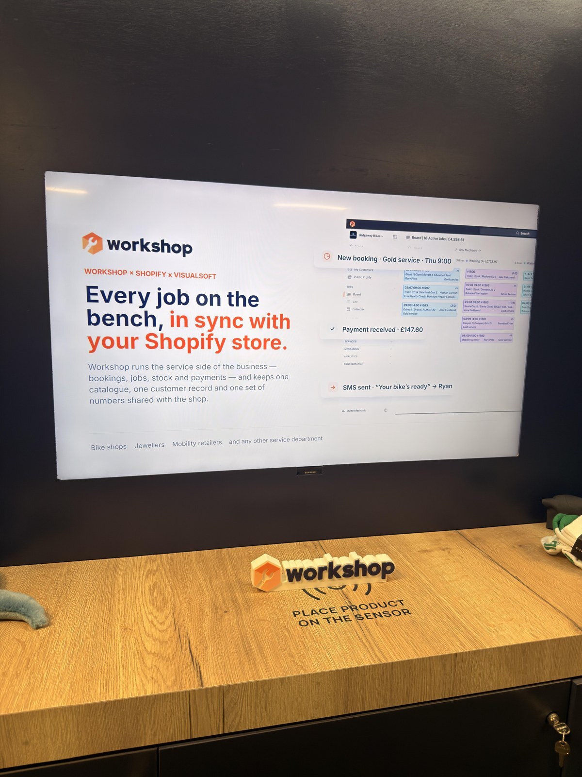 Workshop × Shopify × Visualsoft on the screen in the London store